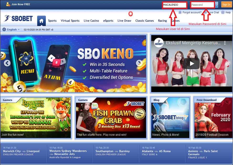 Tampilan Utama Situs Sbobet